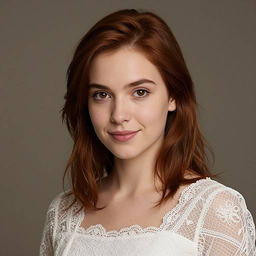Photograph of a young Caucasian woman with fair skin, brown shoulder-length hair, wearing a white lace top, smiling softly against a gray background.