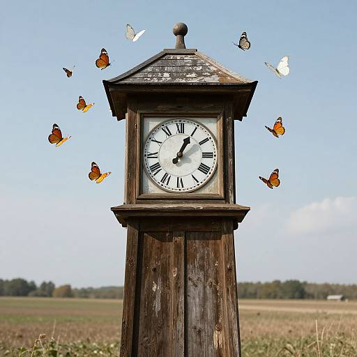 Photograph of a weathered wooden clock tower with a white face and black hands, surrounded by floating orange and white butterflies, set against a clear blue