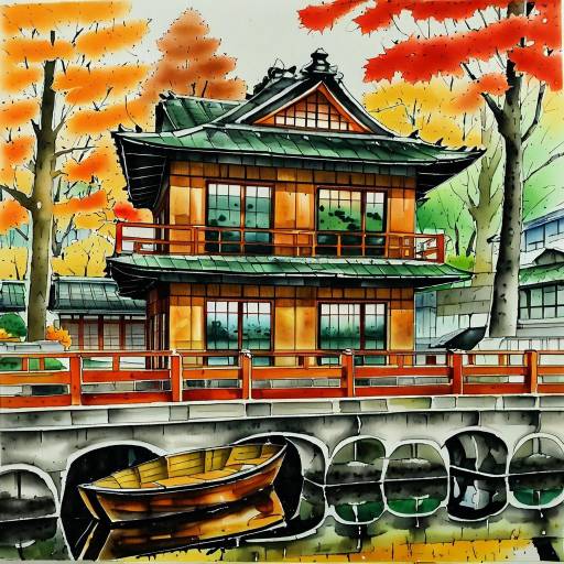 Traditional Japanese House by River in Autumn
