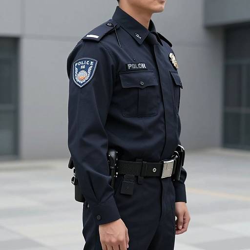 Photograph of a male police officer in dark navy uniform with 