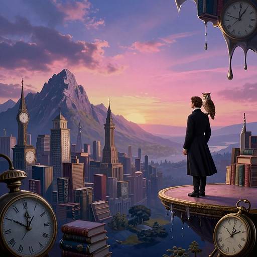 Digital art: Silhouetted figure in long coat stands on clock platform, overlooking cityscape with giant clocks, mountains, and pink-purple sunset sky