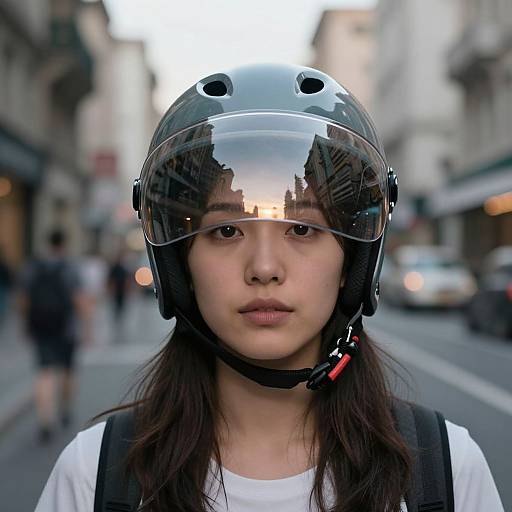 Photograph of an Asian woman with long dark hair, wearing a reflective black motorcycle helmet, white shirt, and backpack, standing on a blurred urban street
