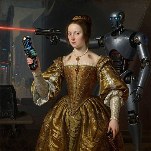 Digital art of a fair-skinned, brown-haired woman in an ornate, gold Renaissance dress holding dual blasters, flanked by a futuristic robot