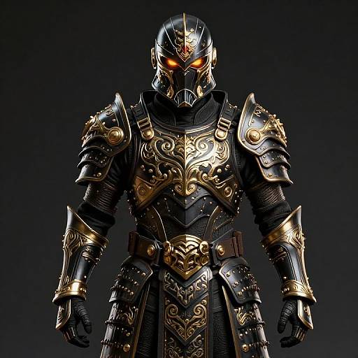 Digital artwork of a dark armored warrior with glowing orange eyes, intricate gold accents, and elaborate chest plate, standing against a black gradient background.