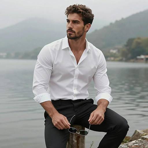 Man Sitting by Misty Lake in White Shirt