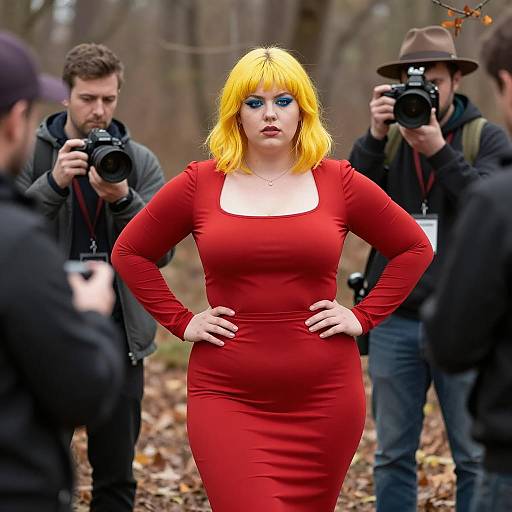 Confident Plus-Size Woman in Red Dress Surrounded by Photographers