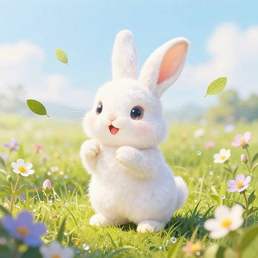 Adorable white rabbit with large ears and black eyes stands in sunlit meadow, surrounded by colorful flowers and green grass.