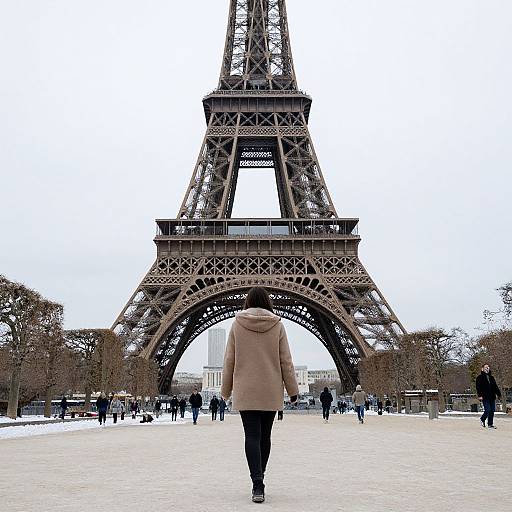 Photograph of a person in a beige coat facing the Eiffel Tower, snow on the ground, people walking in the background.