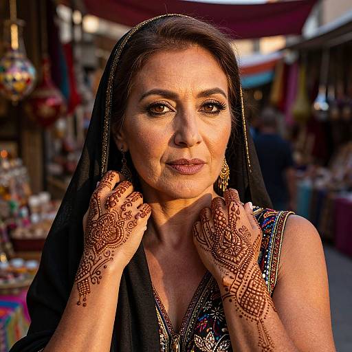 Photograph of a middle-aged South Asian woman with dark hair, wearing a black dupatta and intricate henna designs on her hands, standing in a