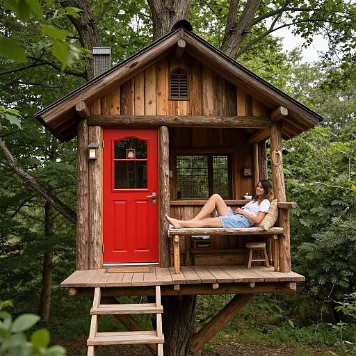 Photograph of a woman relaxing in a rustic wooden treehouse with a bright red door, surrounded by lush green trees. She wears a white top and