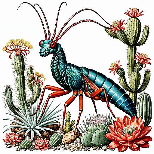 Vintage botanical illustration of peacock mantis shrimp and flowering cacti