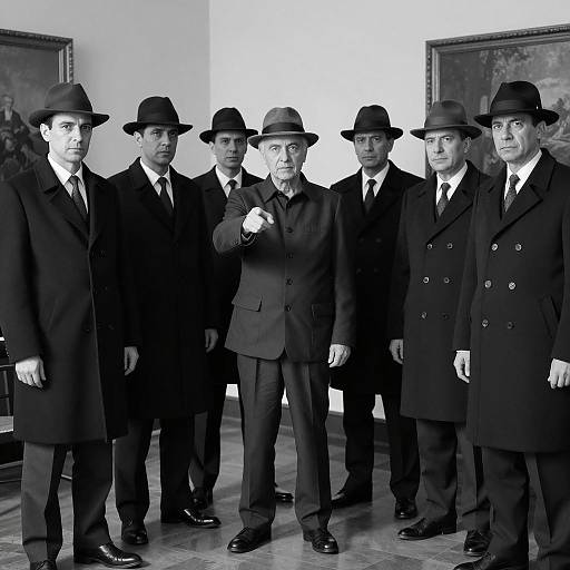 Black and White Photo of Men in Fedoras and Overcoats