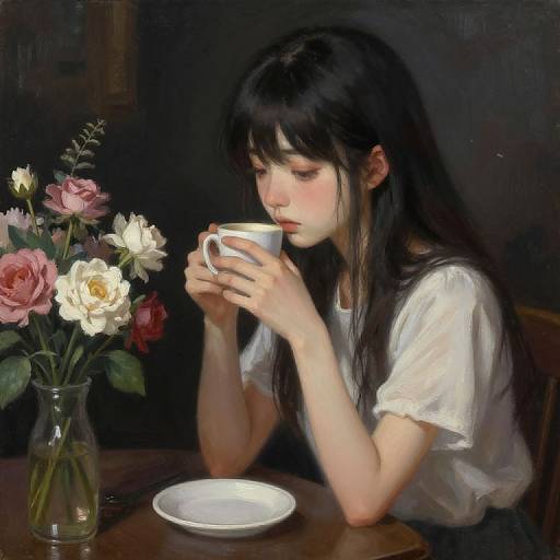 Digital painting of a young woman with long black hair, wearing a white shirt, sipping from a white cup, with a vase of pink and white