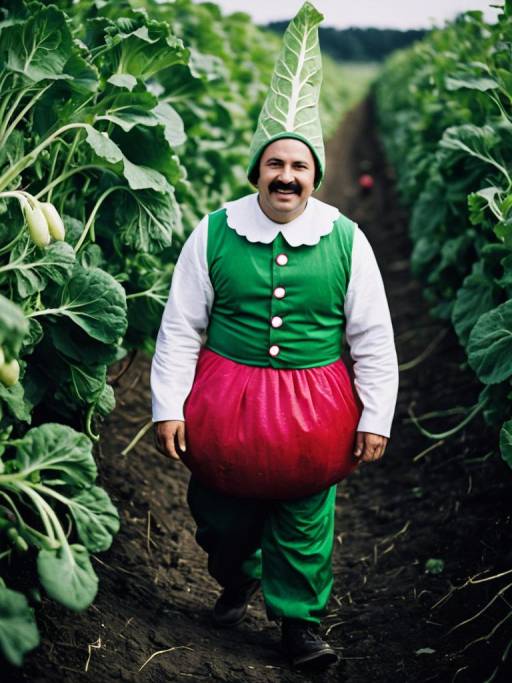 Man in Radish Costume Walking in Field