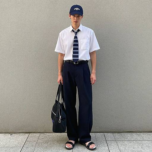 Photograph of a young man standing against a gray wall, wearing a white shirt, black tie, black pants, black cap, and holding a black