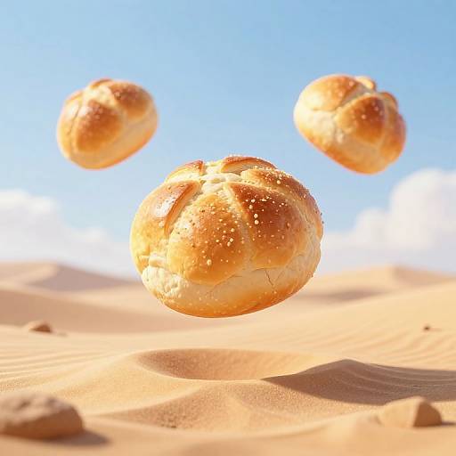 Photorealistic CGI of three golden-brown sesame-seed bagels floating above a sunlit, sandy desert with a clear blue sky background.