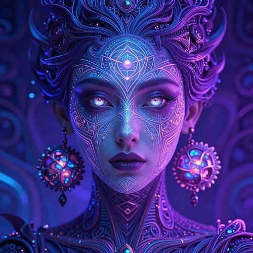 Digital artwork of a glowing, ethereal woman with intricate, neon blue and purple patterns on her face and body, wearing ornate, biolumines