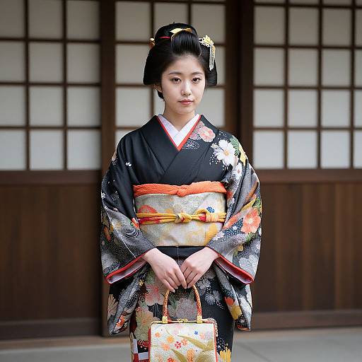 Photograph of a young Japanese woman in a black floral kimono with orange and white obi, holding a floral purse, standing in front of traditional