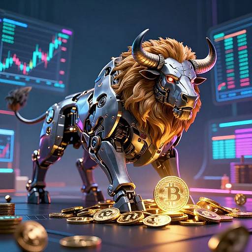 Digital art: Cybernetic minotaur with glowing orange mane and black metallic body, stands on Bitcoin coins in a neon-lit, financial trading