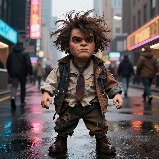 Photorealistic CGI of a disheveled, scowling child with messy brown hair, tattered clothes, and a backpack in a rainy,