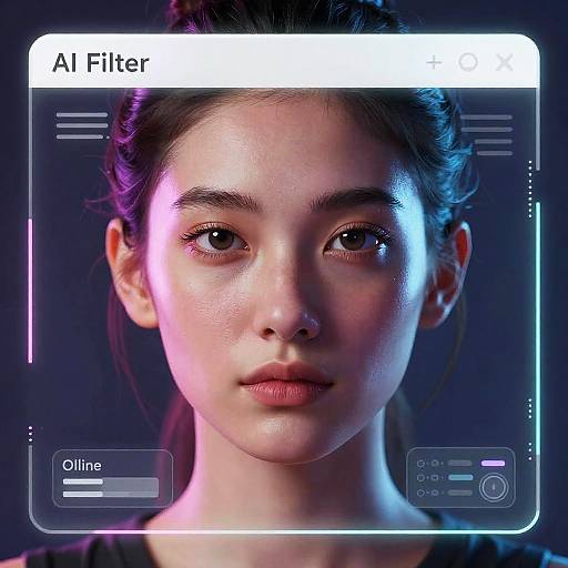 Photorealistic digital image of an East Asian woman with fair skin, dark hair, and subtle makeup, labeled 