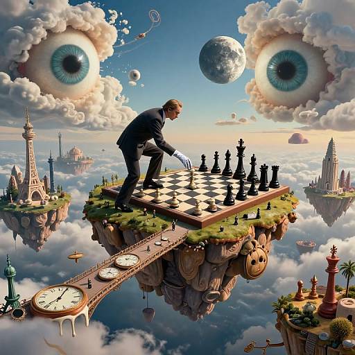 Digital surreal artwork: A suited man with blue gloves plays chess on a floating island, surrounded by clock bridges, giant eyeballs, and floating cities beneath