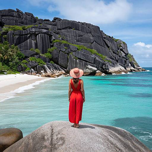 Photograph of a woman in a red dress and wide-brimmed hat, standing on a rock, facing a turquoise beach and towering black cliffs under