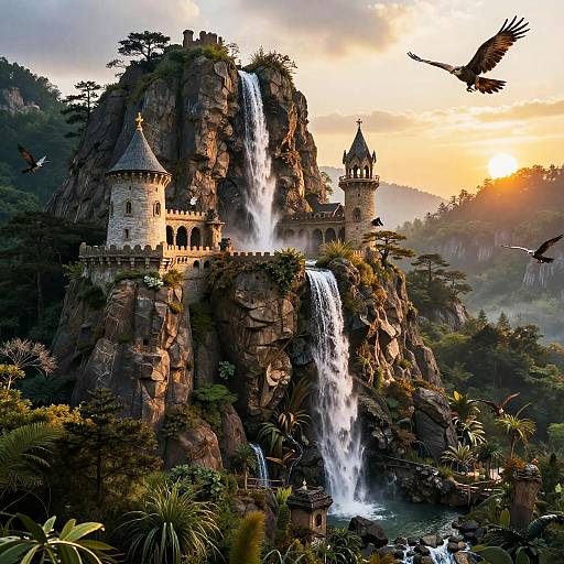 Fantastical castle with two towers, perched on a rocky waterfall, surrounded by lush greenery and flying birds, at sunset. Digital art.