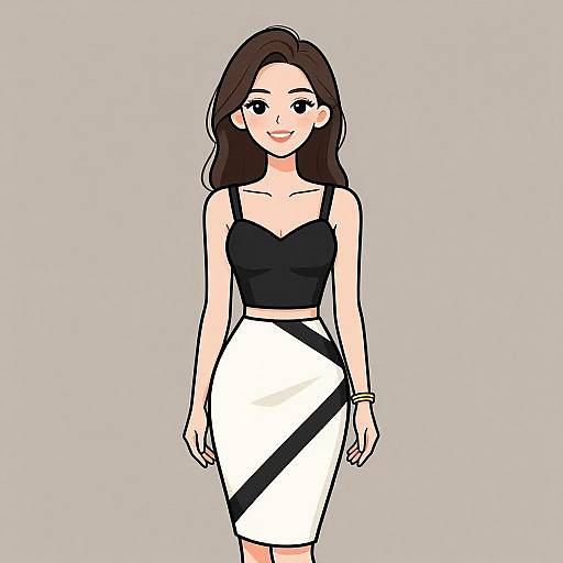 Digital drawing of a smiling woman with long brown hair, wearing a black crop top and white skirt with black diagonal stripe.