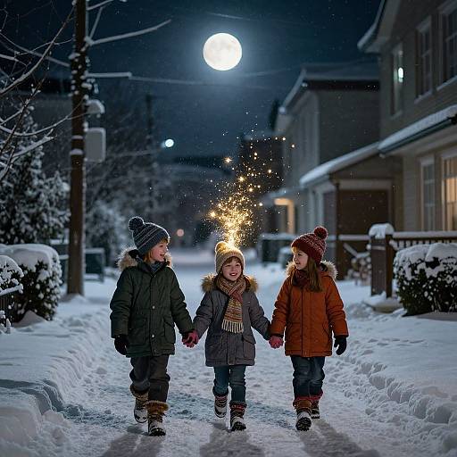 Photograph: Three children in winter clothes holding hands, lighting sparklers on a snowy, moonlit street, with houses and snow-covered bushes.