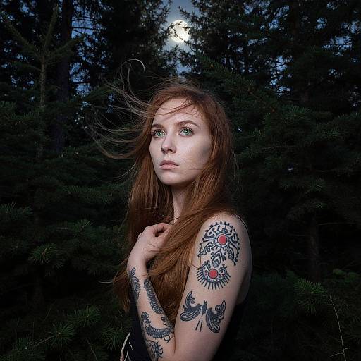 Photograph of a pale-skinned, red-haired woman with blue eyes, standing in a dark forest, moonlit background. She has extensive tattoos on