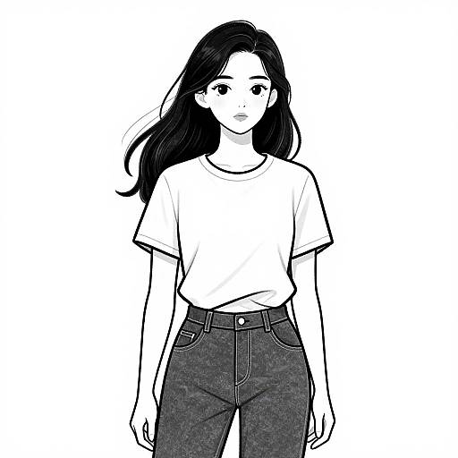 Black-and-white digital drawing of a young woman with long hair, wearing a white t-shirt and high-waisted jeans, standing against a plain white