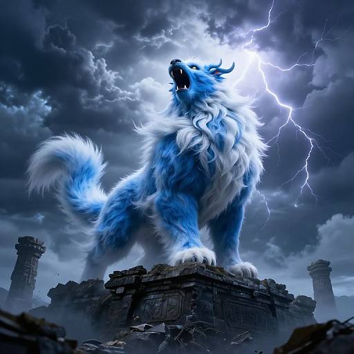 Digital painting of a blue and white, lightning-illuminated, fierce wolf standing on a ruined, ancient structure with dramatic, stormy clouds.