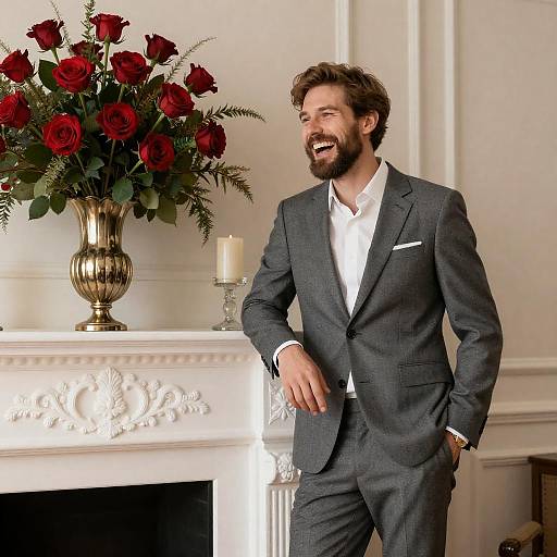 Elegant Man Laughing by Fireplace