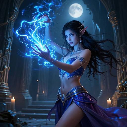 Digital fantasy artwork of a dark-haired, elven sorceress with glowing blue lightning, wearing metallic armor and a revealing skirt, in a moonlit