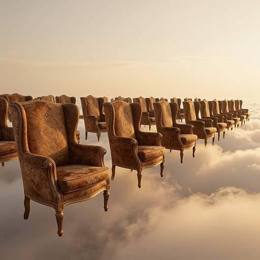 Photograph of vintage, ornate brown armchairs floating in a sea of clouds at sunrise, creating a surreal, ethereal scene.
