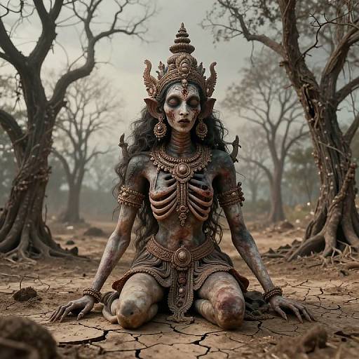 Digital artwork of a spectral, black-painted, demonic female figure with intricate jewelry, sitting on cracked earth in a barren, misty forest.