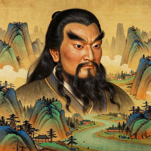 Traditional East Asian portrait of a serious, bearded man with long black hair, set against a vibrant, detailed landscape of mountainous hills and winding paths
