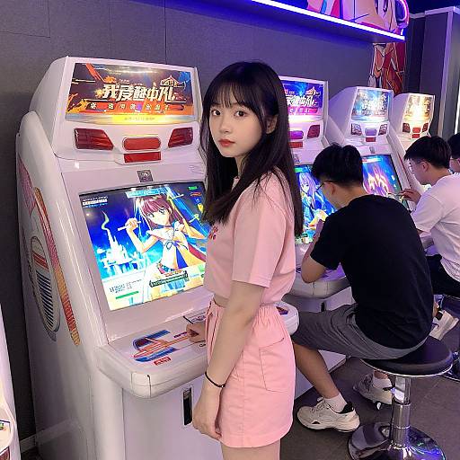 Photograph of an Asian woman with long black hair in a pink short-sleeve dress, standing by an arcade game, looking at the camera,