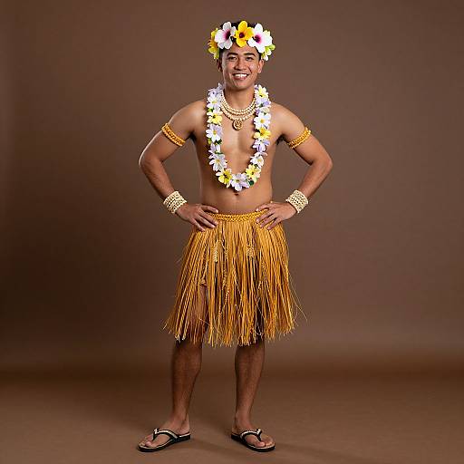 Photograph of a smiling, shirtless man with a floral lei, yellow grass skirt, and flower crown, wearing arm bands, necklace, and black
