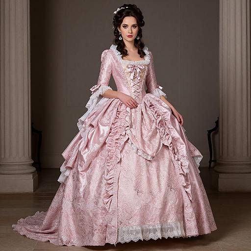 Photograph of a dark-haired woman in an elaborate, pink, satin ball gown with white lace trim, standing in a classical, columned room.