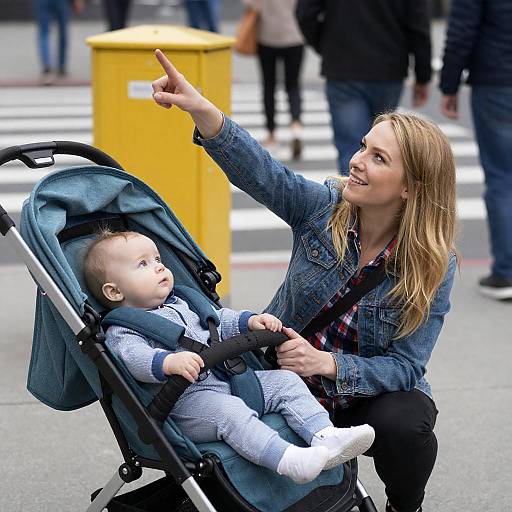 Joyful Woman with Baby in Urban Setting