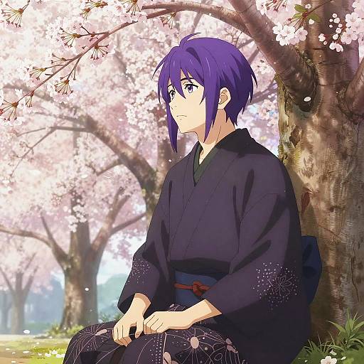 Anime-style digital illustration of a purple-haired person in a black kimono, sitting under cherry blossom trees in a serene garden.