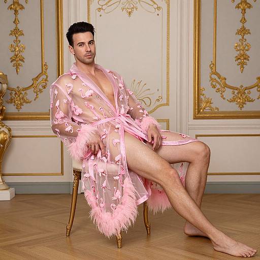 Photorealistic CGI of a handsome, dark-haired man in a pink floral and feathered robe, sitting on a gold chair in an ornate,