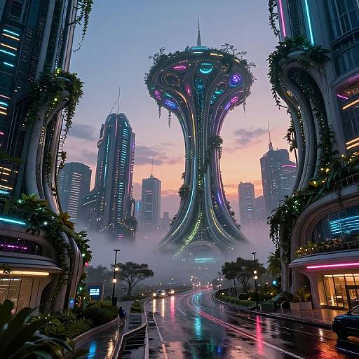 Digital art of a futuristic city at dusk, featuring a glowing, organic skyscraper amidst neon-lit buildings, wet reflective streets, and misty atmosphere