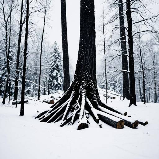 Snow Covered Log Pile with Deep Void Space Around Tree Trunk