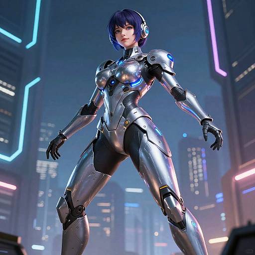CGI image of a fierce, blue-haired woman in a shiny, silver and black futuristic armor suit, standing in a neon-lit, cyberpunk