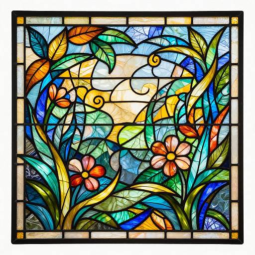 Vibrant stained glass artwork with colorful flowers, leaves, and swirls, featuring red, orange, blue, and yellow hues, set in a
