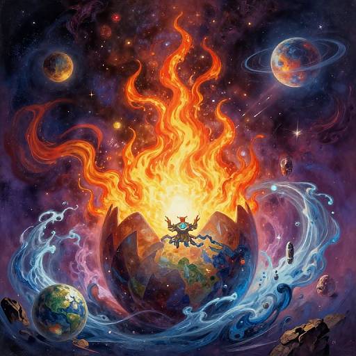 Digital artwork of a fiery, cracked Earth with a solar-like figure on top, surrounded by swirling water, planets, and stars in a vibrant, cosmic