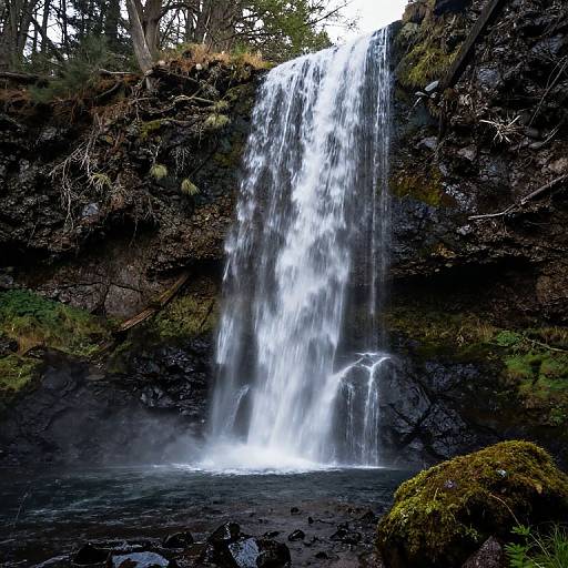 Photograph of a tall, cascading waterfall against dark rocky cliffs, surrounded by moss-covered rocks and forested trees, with mist rising from the pool